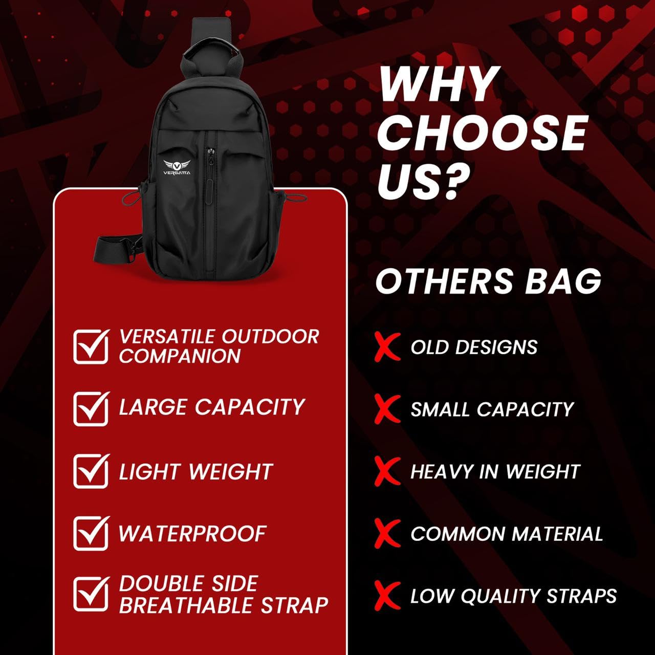 VERSATTA Small Sling Crossbody Backpack with RFID Pocket, Adjustable Shoulder Bag for Men Women, Lightweight One Strap Backpack for Hiking, Mini Travel Crossbody Bags for Women Chest Bag with USB Port