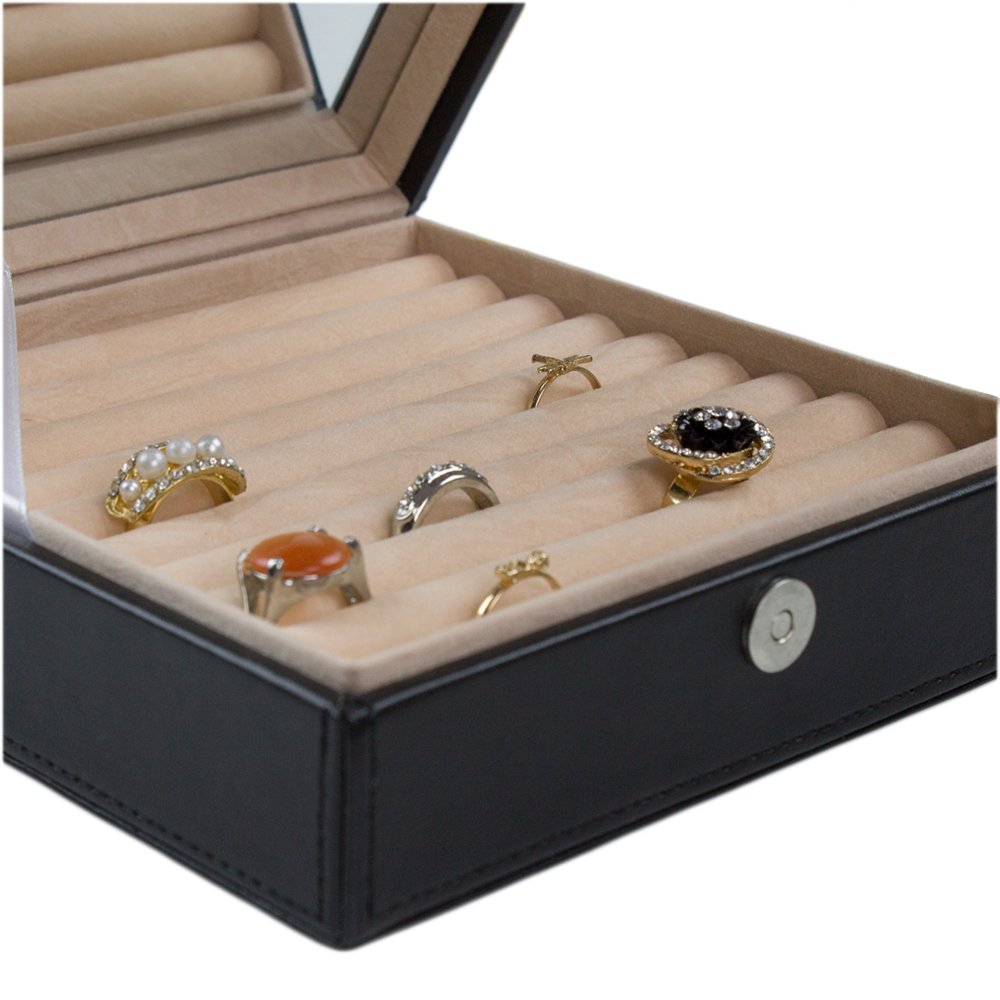 Glenor Co Ring Box Organizer - 54 Slot Classic Jewelry Display Case Holder - Storage Tray with Modern Buckle Closure, Large Mirror - for Rings and Cufflinks - Small for Travel - PU leather - Black