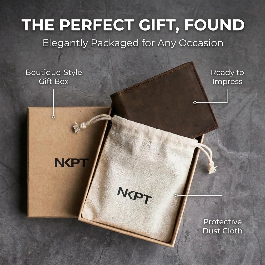 NKPT Full-Grain Leather Bifold Wallet for Men | RFID Blocking, 9 Card Slots, ID Window | Chestnut Brown