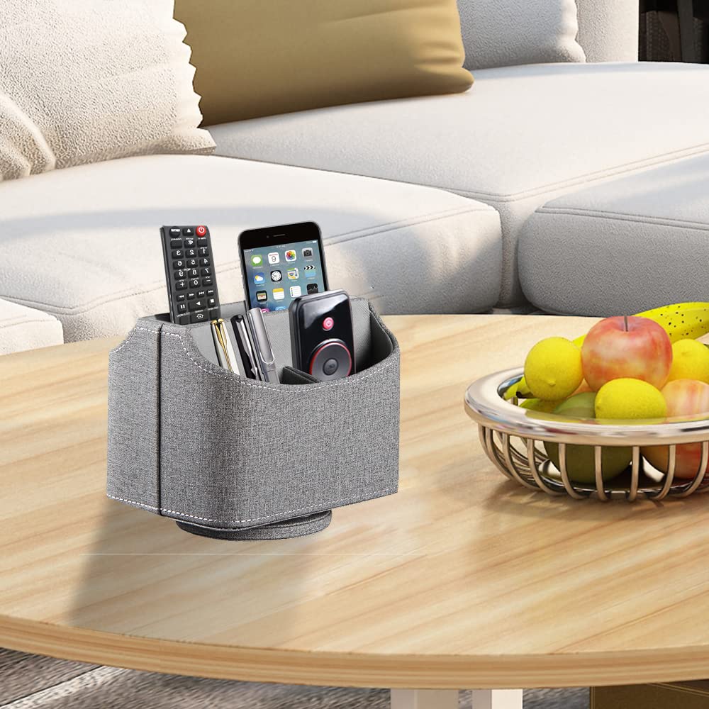 RHCSZ Leather Remote Control Holder 360 Degree Spinning, Desk Organizer for TV Remote Controllers, Caddy,Pen,Calculator,Media Player Storage box (Grey)