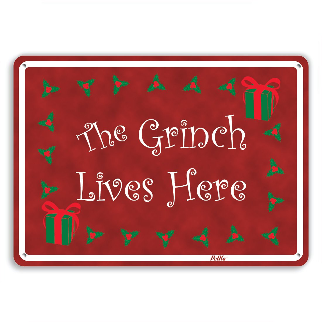 PetKa Signs and Graphics PKCM-0018-NA_10x7 "The Grinch Lives Here" Aluminum Sign, 10" x 7", White and Green on Red, by