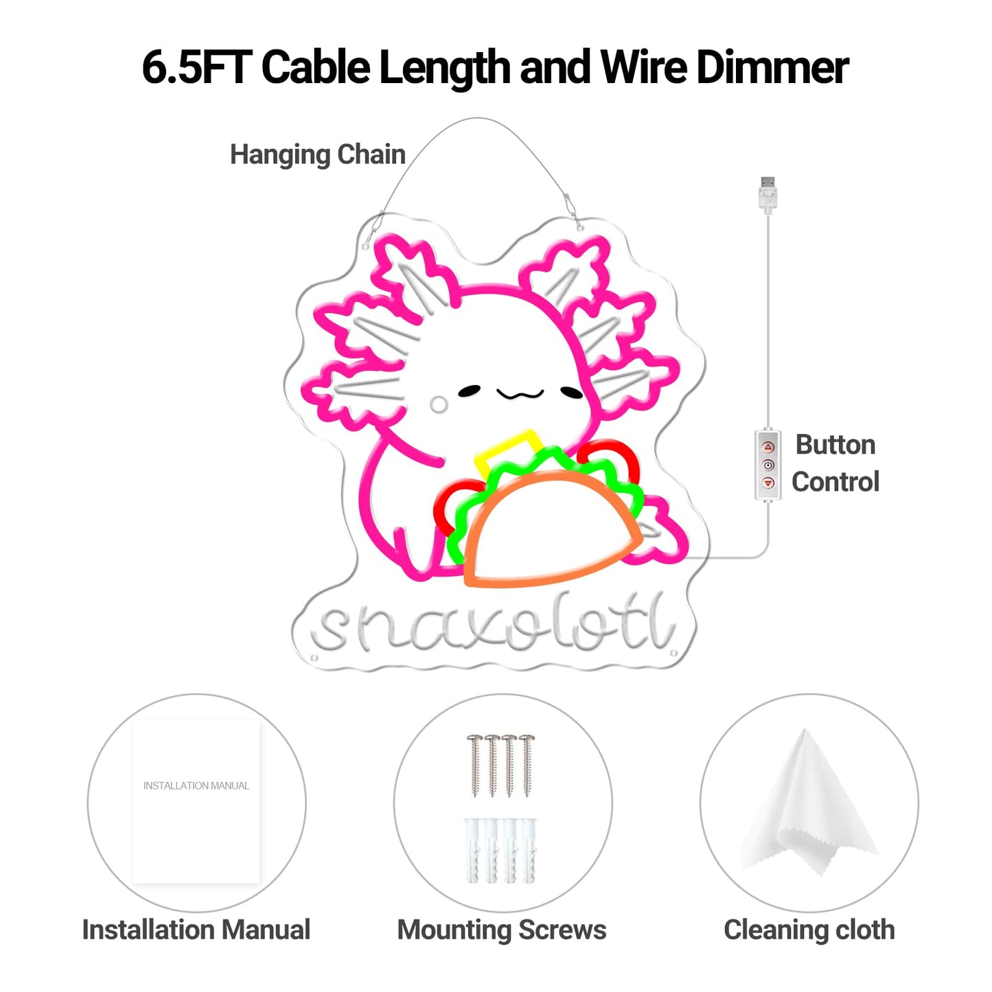 Snaxolotl Neon Sign, Dimmable Taco Axolotl LED Neon Light for Mexican Food pizzeria Restaurant Taco Bar Party Decor, for Girl’s Bedroom, Gift for Kids, Teens, and Axolotl Lovers