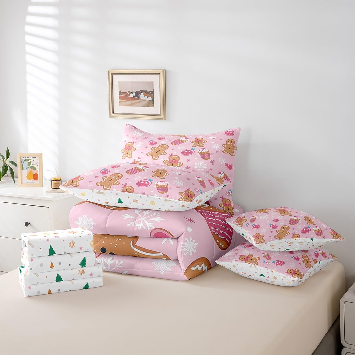 Gingerbread Man Queen Comforter Set with Sheets Bed in a Bag 7 Pcs,Watercolor Strawberry Bowknot Bed Set,Dreamy Snowflakes Bedding Sets with Comforter,Flat,Fitted Sheet,Pillowcases,Pillow Covers