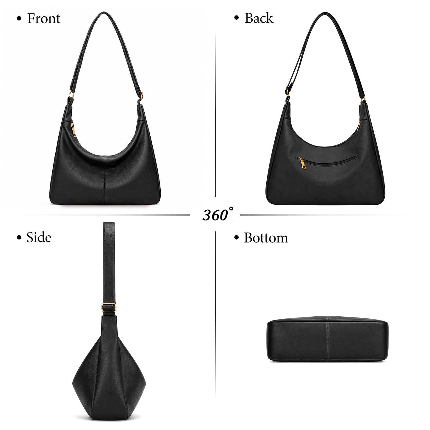 KKXIU Slouchy Hobo Bags for Women - Ultra Soft Foldable Shoulder Handbag Vegan Leather Tote Purse with Reinforced Zipper (Black)