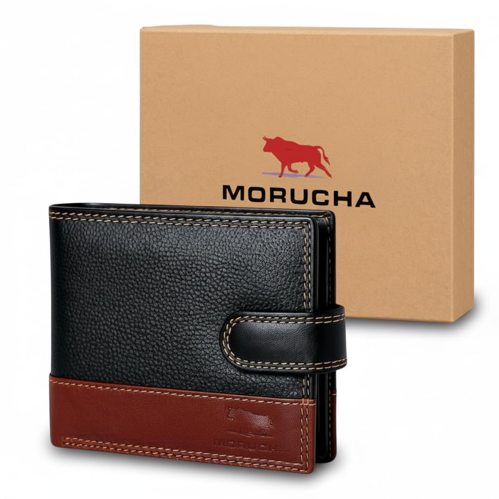 MORUCHA RFID Blocking Genuine Leather Wallet for Men – Slim Bifold Bull Leather Wallet with Coin Pocket, ID Window, 8 Card Slots – Premium Black/Brown Luxury Gift Box (Model #M75)