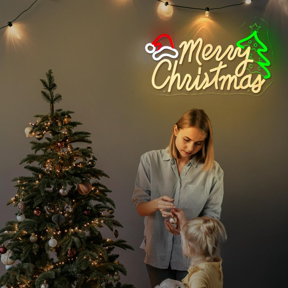 Merry Christmas Neon Sign Dimmable Led Neon Lights for Wall Decor USB Powered Christmas Decoration Xmas Light Up Sign for Party Home Window Bar Porch Front Door Holiday Gifts