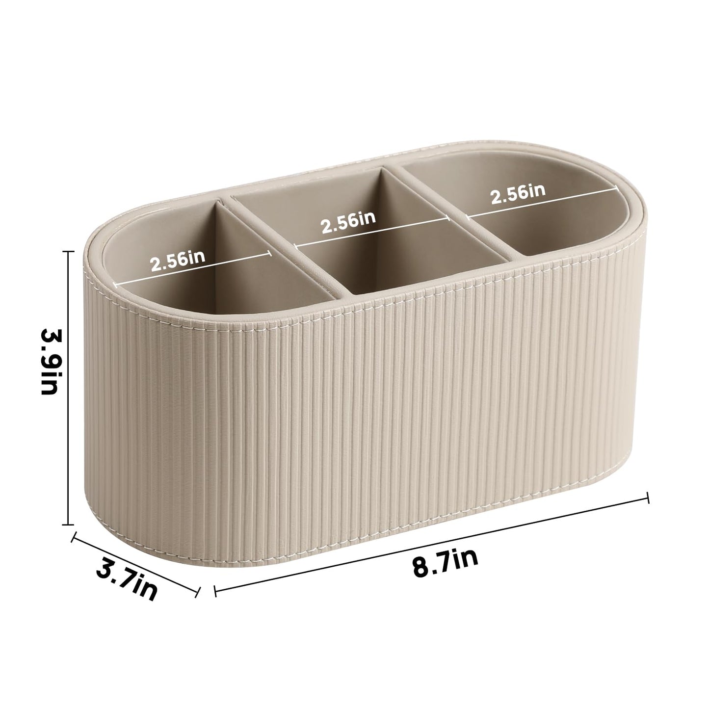 Cretkhp Aesthetic Remote Control Holder, PU Leather Pen Holder for Desk with 3 Compartments for Home Office Supplies and Accessories, Stylish Bedside Remote Holder Nightstand Desktop Organizer (Beige)