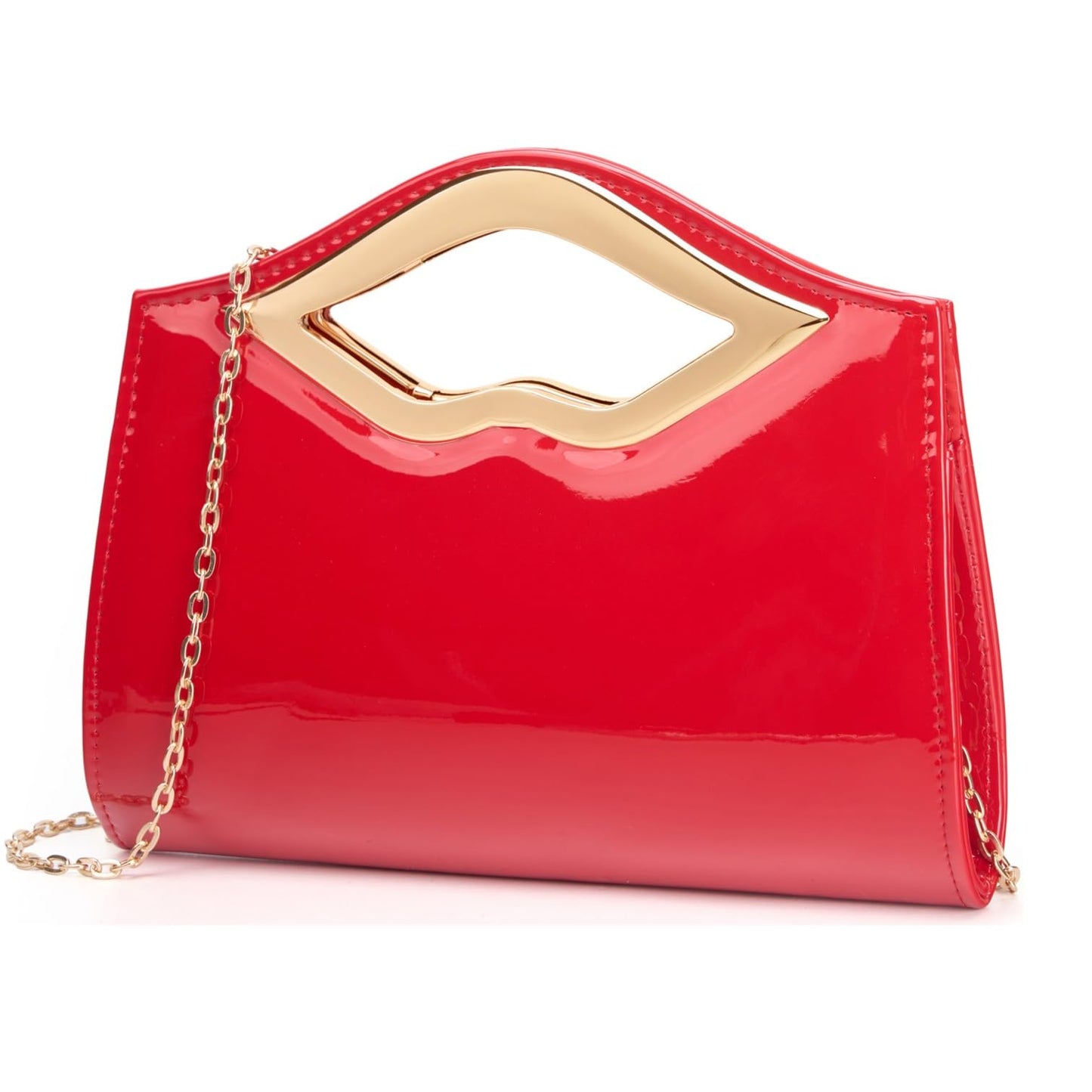 DETARA Patent Leather Evening Clutch Purse for Women Lip Metal Grip Handle Handbag for Cocktail Party Prom (Red 1386)