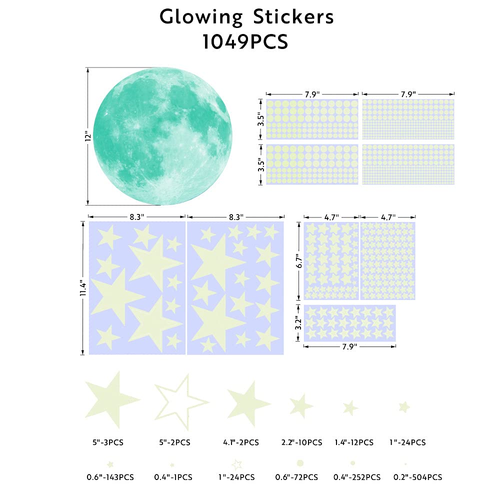 1049Pcs Glow in The Dark Stars and Moon for Ceiling, Wall Bedroom Chirldren's Room Stickers Decals Decor, Boys & Girls' Gifts