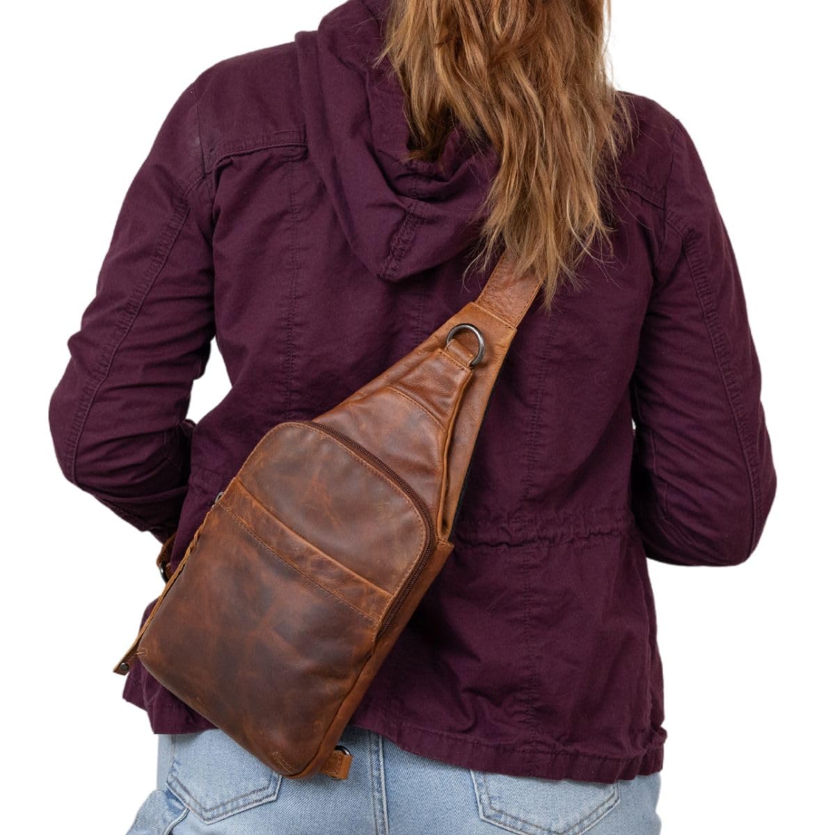 Lady Conceal - Dakota Unisex Leather Concealed Carry Sling Bag - Large Frame Handgun - Concealment pockets with Magnetic Closure and Universal Holster Backpack (Cognac) - 7" L x 15" H x 2" D