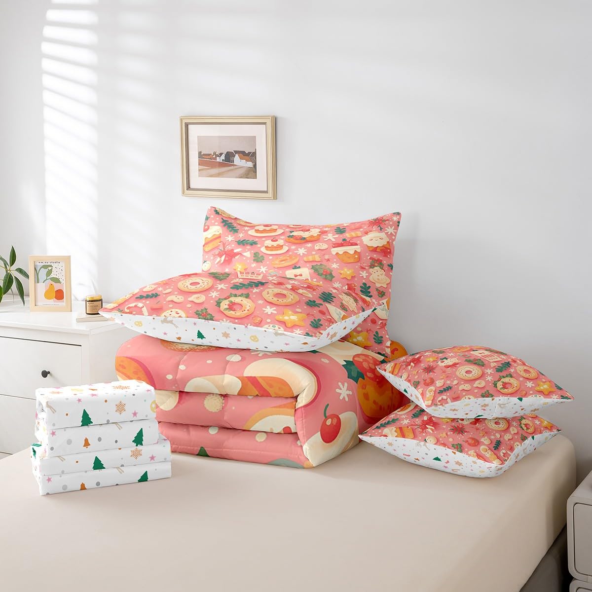 Manfei Xmas Donut 7 Pieces Comforter Set Full,Cute Cookies Desert Theme Bedding Set for Bedroom Decor,Merry Christmas(Comforter+Fitted+Flat Sheet+2 Pillowcases+2 Throw Pillow Covers)