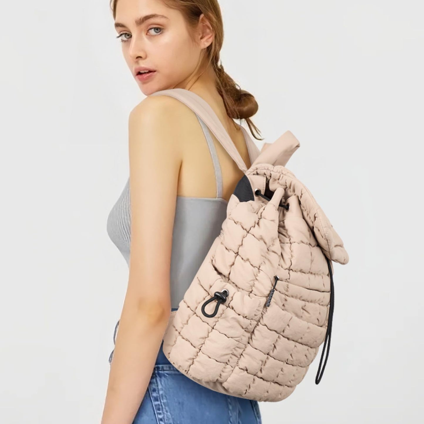 CLUCI Puffy Quilted Backpack for Women, Casual Lightweight Daypack for Women Travel (Khaki)