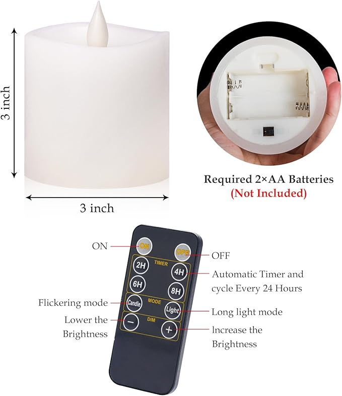 【Flameless Candles Battery Operated with Remote & Timer】 3x3 White LED Pillar Candles - 600H Flickering Flame, Realistic Fake Candles for Indoor/Outdoor Valentine's Day, Weddings, Home Decor1-Pack