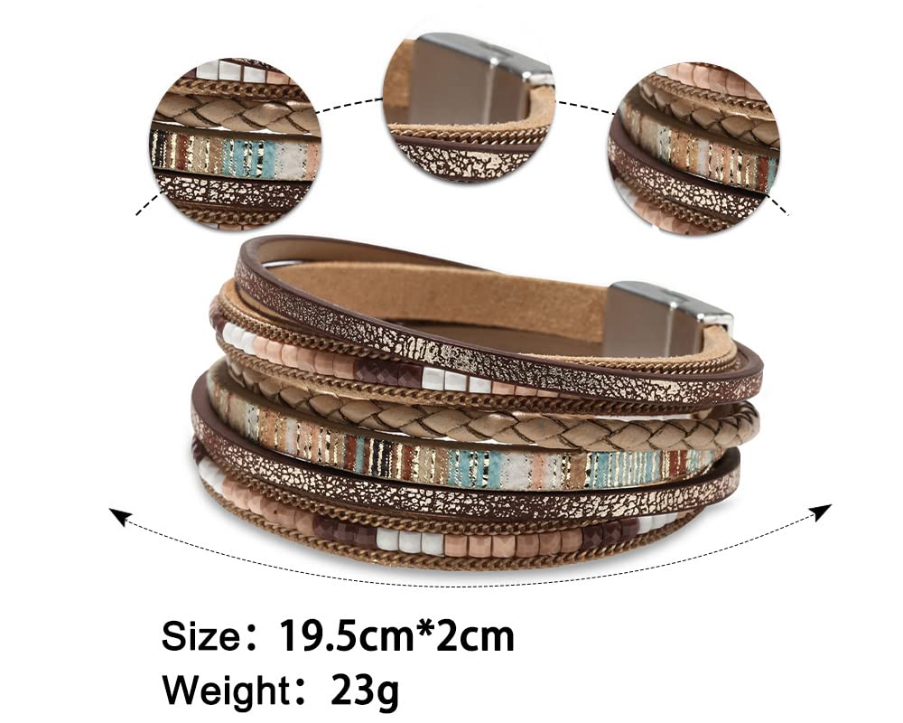 Fesciory Leather Wrap Bracelets for Women, Boho Leopard Multi-Layer Crystal Beads Cuff Bracelet Jewelry (Boho Braid(Brown))