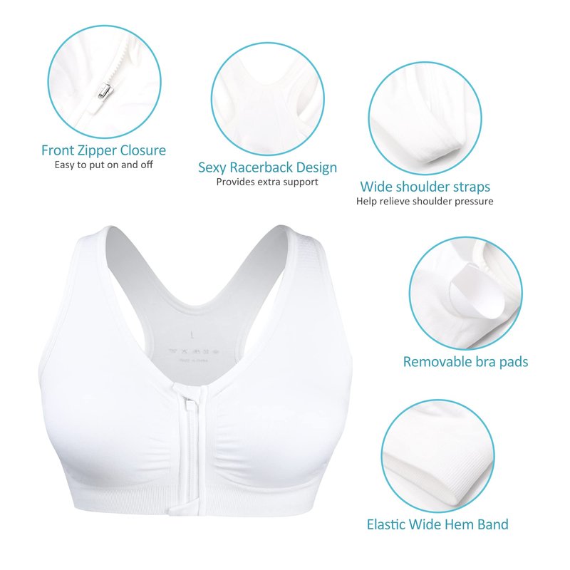 Women's Zip Front Sports Bra - Wireless, Padded, Racerback, Running, Yoga, Seamless Mastectomy Bra - Post-Surgery Zipper Closure