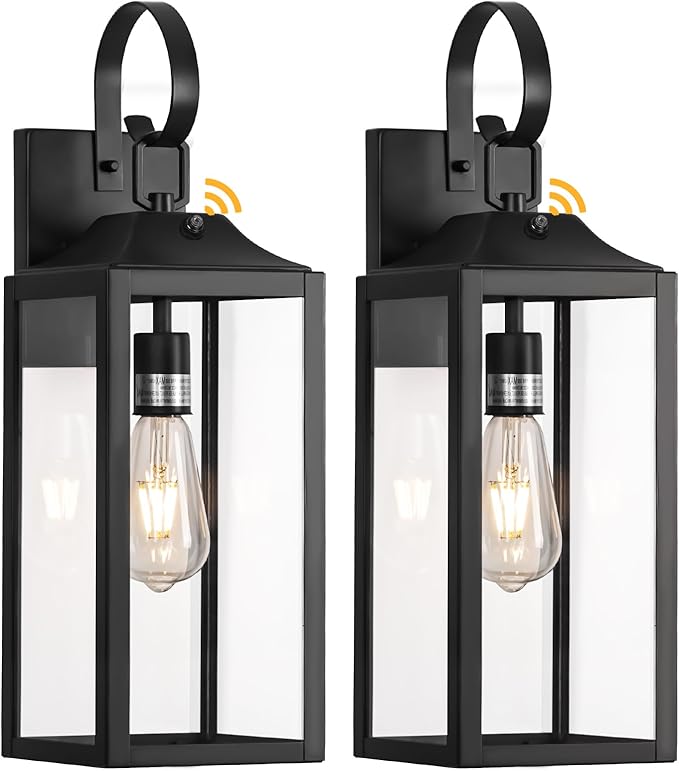 19" Large Dusk to Dawn Outdoor Lighting 2 Pack, Black Sensor Porch Lights Exterior Lighting Fixtures, Modern Wall Lantern Outdoor Wall Lights Waterproof Wall Sconce Lamp for House, Doorway, Garage