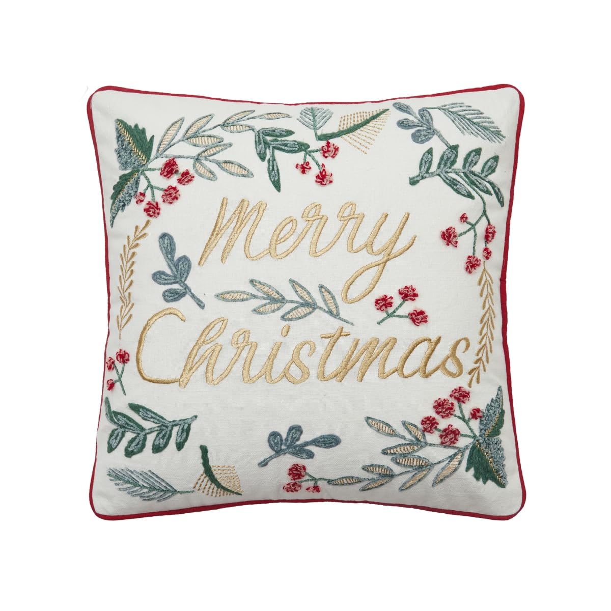 Peking Handicraft Festive Greenery Merry Christmas Embroidered Poly Filled Pillow, 18-Inch, Multicolor