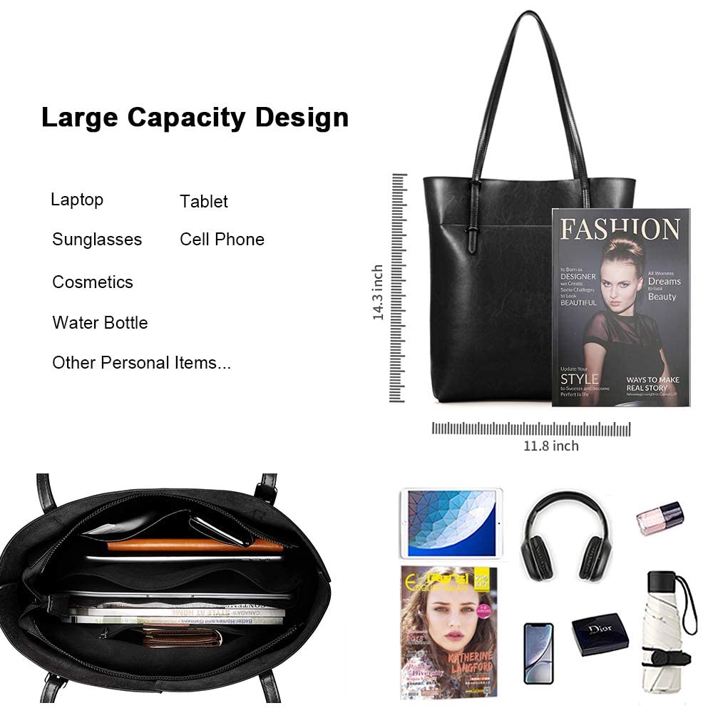 Kattee Vintage Genuine Leather Tote Shoulder Handbag for Woman with Adjustable Handles (Black)