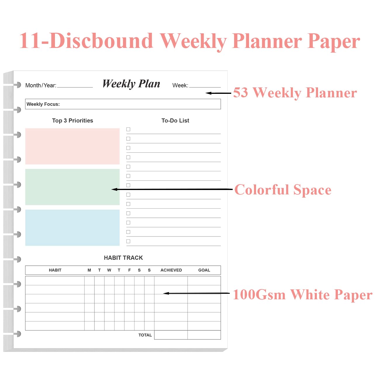Weekly Planner Undated Refills - Letter Size 53 Sheets/106 Pages Colorful Weekly Planner for 11-Disc Discbound, TUL, 100 gsm White Paper, Lasts 1 Year, Undated, 8.5" x 11"
