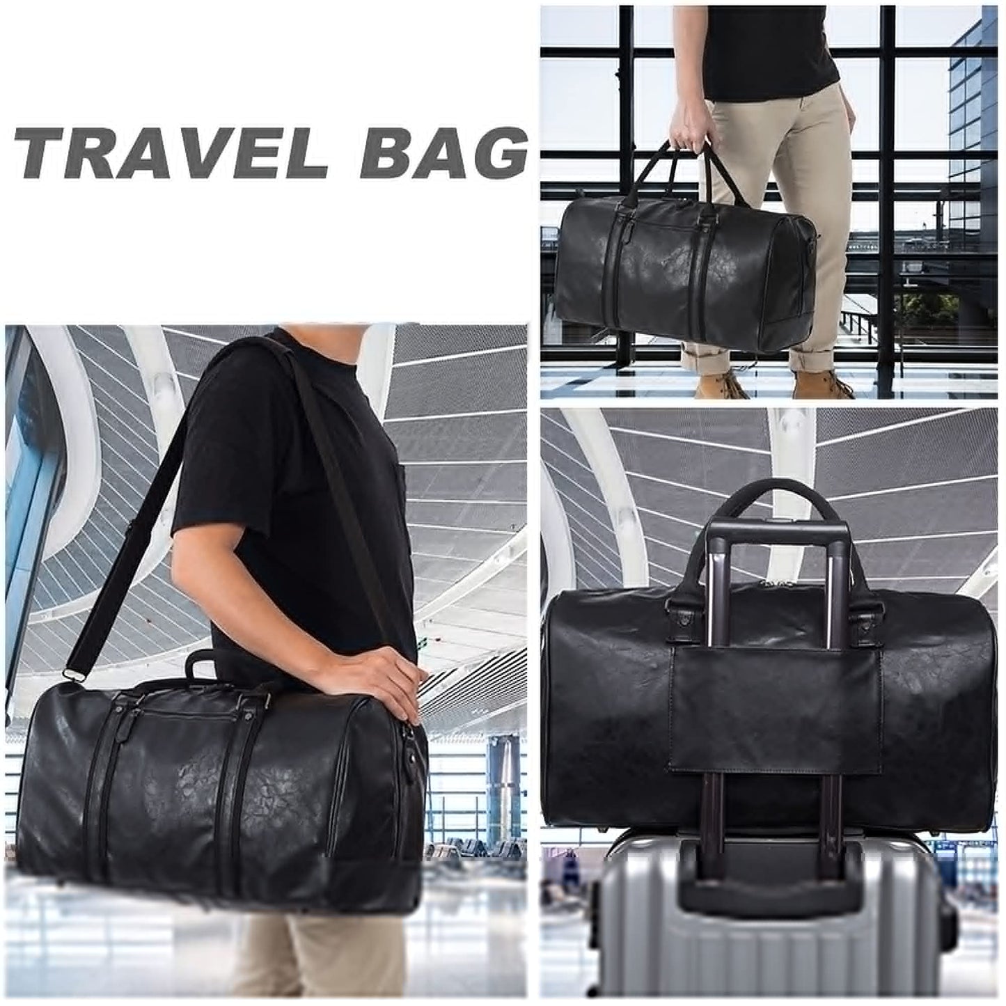 seyfocnia Oversized Travel Duffel Bag, Waterproof Leather Weekend bag Gym Sports Overnight Large Carry On Hand Bag-Black