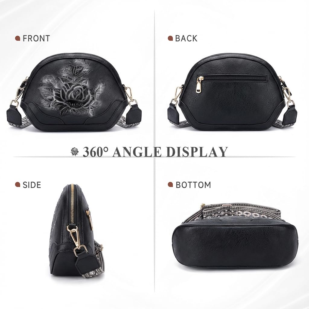 VIMUTI Embossed Rose Crossbody Bags for Women, Soft Vegan Leather Small Purse with Adjustable Wide Strap, Boho Shoulder Handbag with Multi Pockets, Lightweight Everyday Bag
