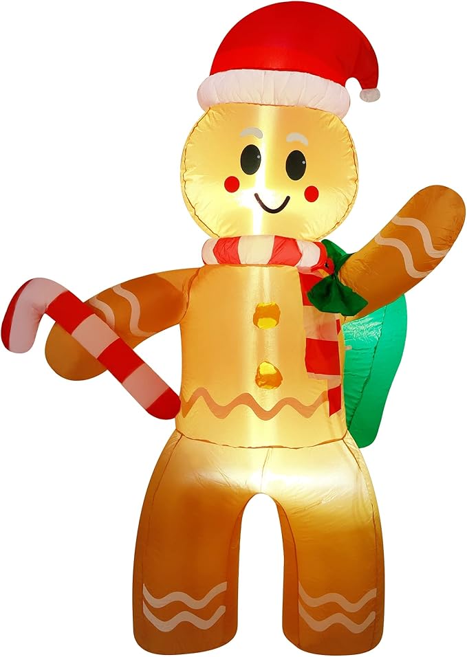 Christmas Inflatables 6 Ft Gingerbread Man with Gift Bag and Candy Cane, LED Lights Blow up Xmas Decorations for Indoor Outdoor Yard Garden Lawn Holiday Party Decor