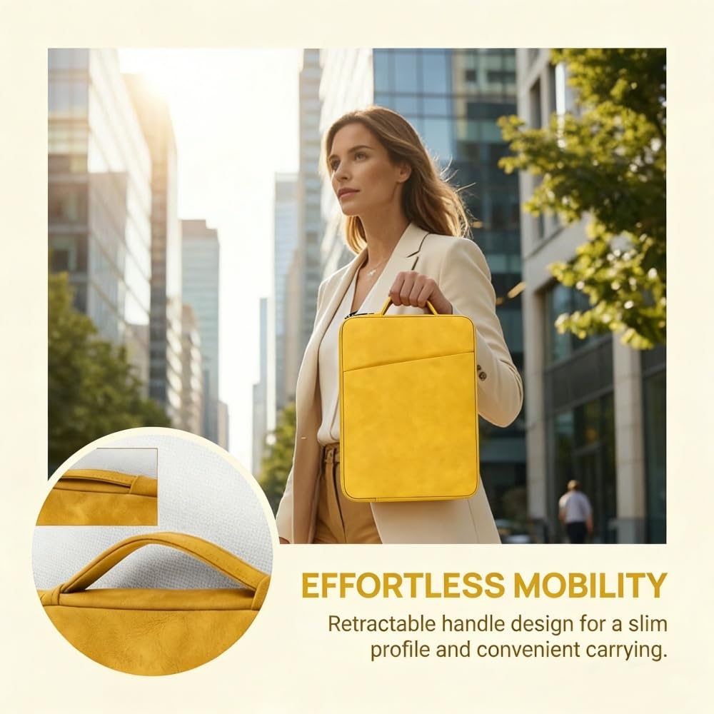 PU Leather Laptop Sleeve 14 inch, Slim Laptop Carrying Case Bag Computer Sleeve Cover Compatible with MacBook Air/Pro, HP, Dell, Lenovo, Asus(Yellow)