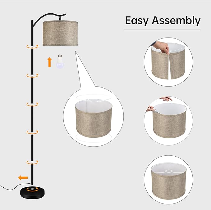 BoostArea Floor Lamp for Living Room,9W LED Arched Lamp,Tall Modern Standing with Fabric Linen Shade,3 Brightness Levels,E26 Socket,Footswitch,Mid Century Bedrooms,Office B1316