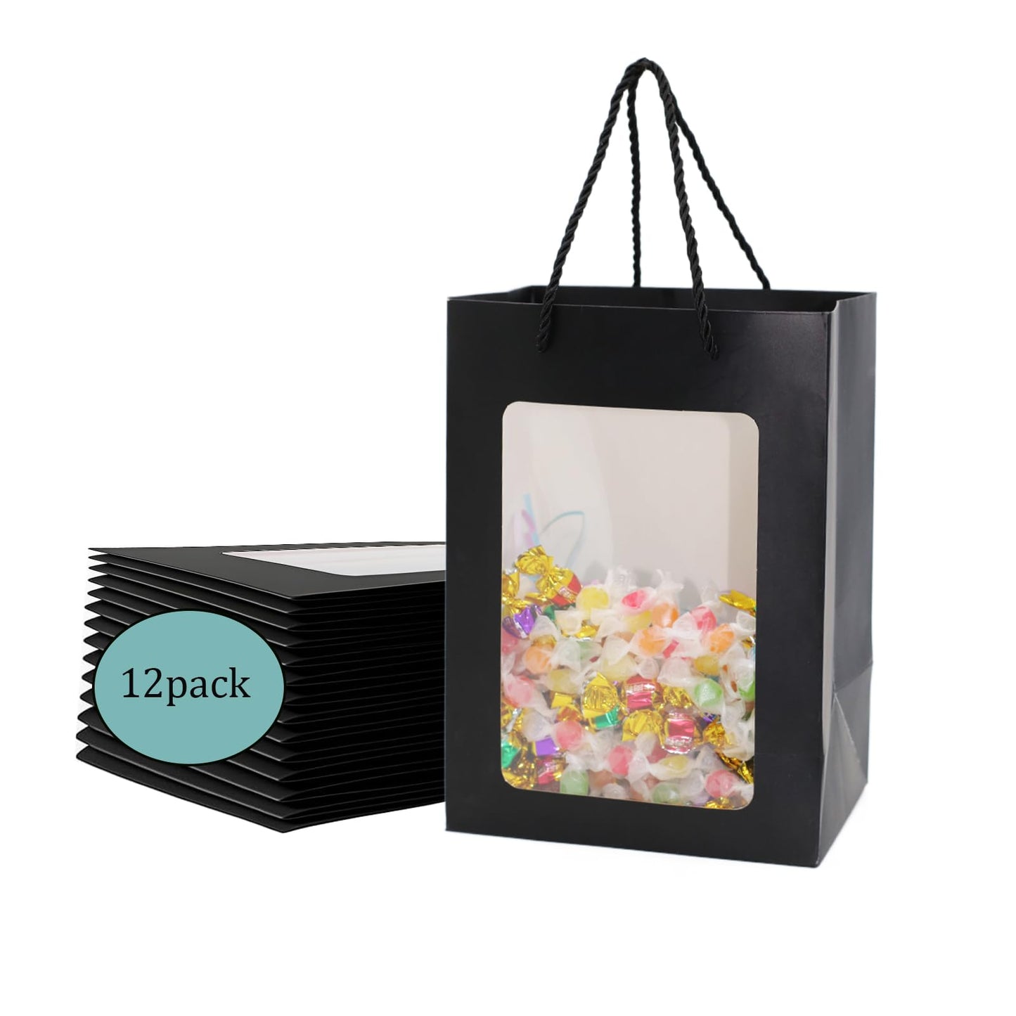 FUGOCOOG 12 Pcs Gift Kraft Paper Bags with Transparent Clear Window 9.8"x7"x5" Party Favor Bags with Handles for Shopping Business Christmas Birthdays Festivals Party Weddings Baby Shower (Black)