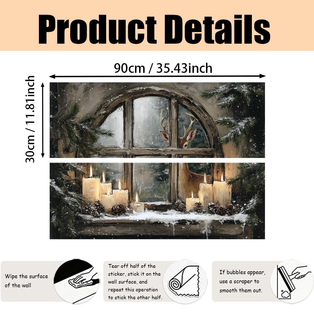 WDESYADMS 35.5x23.6 Inch Winter Window Scene Wall Decals PVC Candle Pine Cones Deer Artwork Peel and Stick Decorative Film for Home Cooking Area Backsplash Stovetop Space Holiday Seasonal Style
