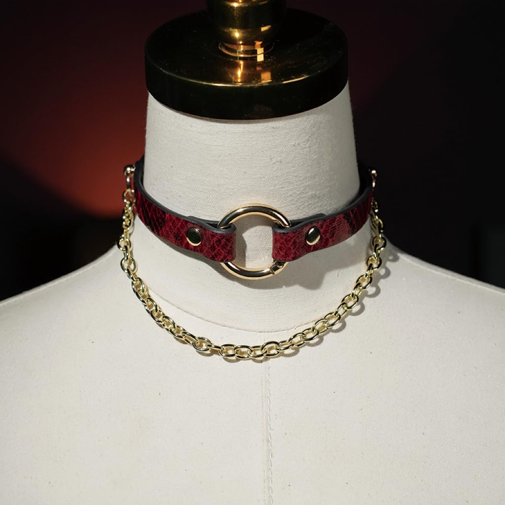 Yurielys Red Snakeskin Leather Choker Necklace with Gold Chain – Gothic Punk Adjustable Women’s Collar