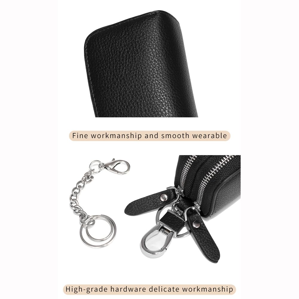 Berfi Life Key Fob Case Genuine Leather, Double Zipper Car Key Holder & Key Wallet with Keychain, Key Pouch for Purse Gift