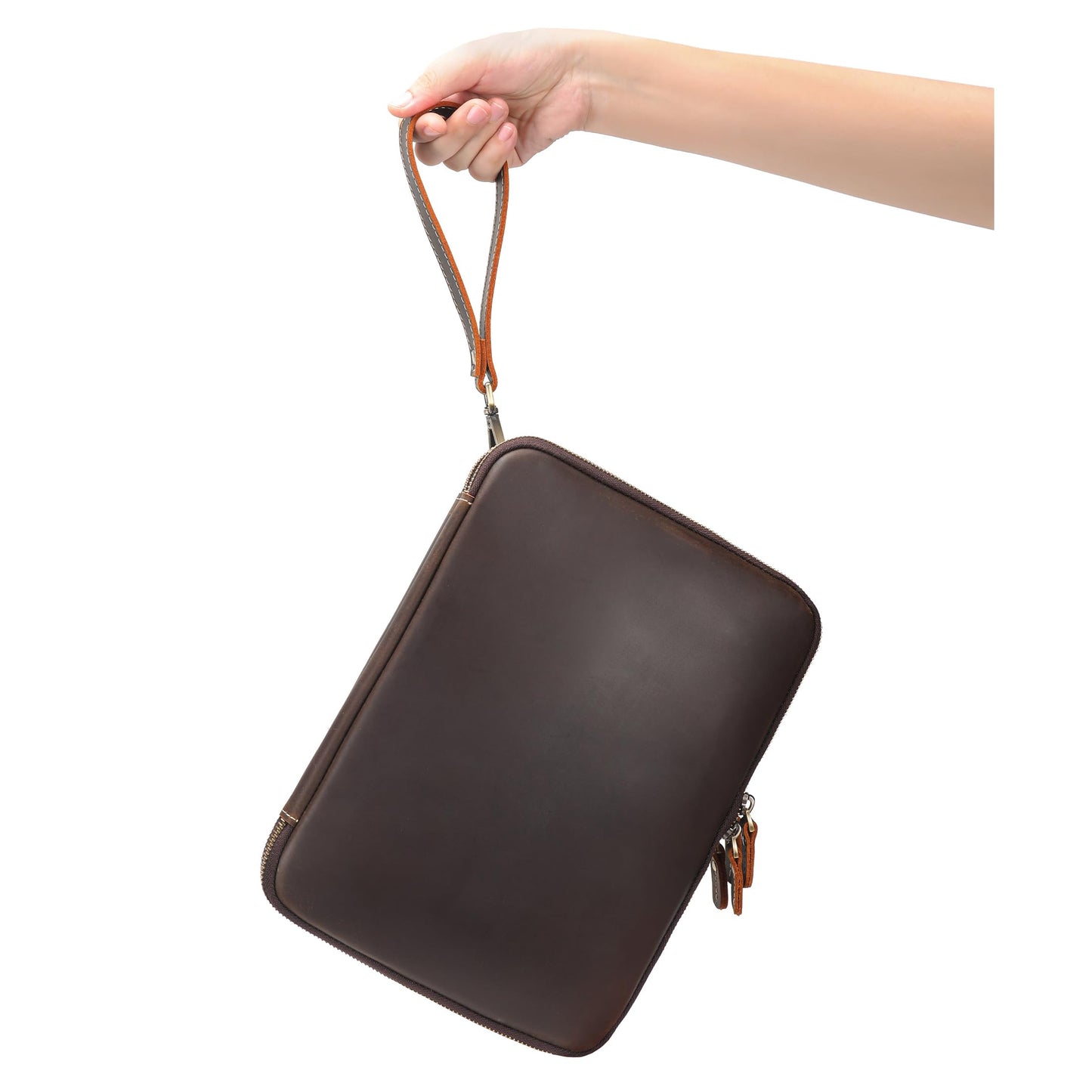 LANNSYNE Full Grain Leather Travel Cable Accessories Bag, Electronic Organizer Carry Case Double Layer Storage Case for Cables, Charger, Phone, Power Bank