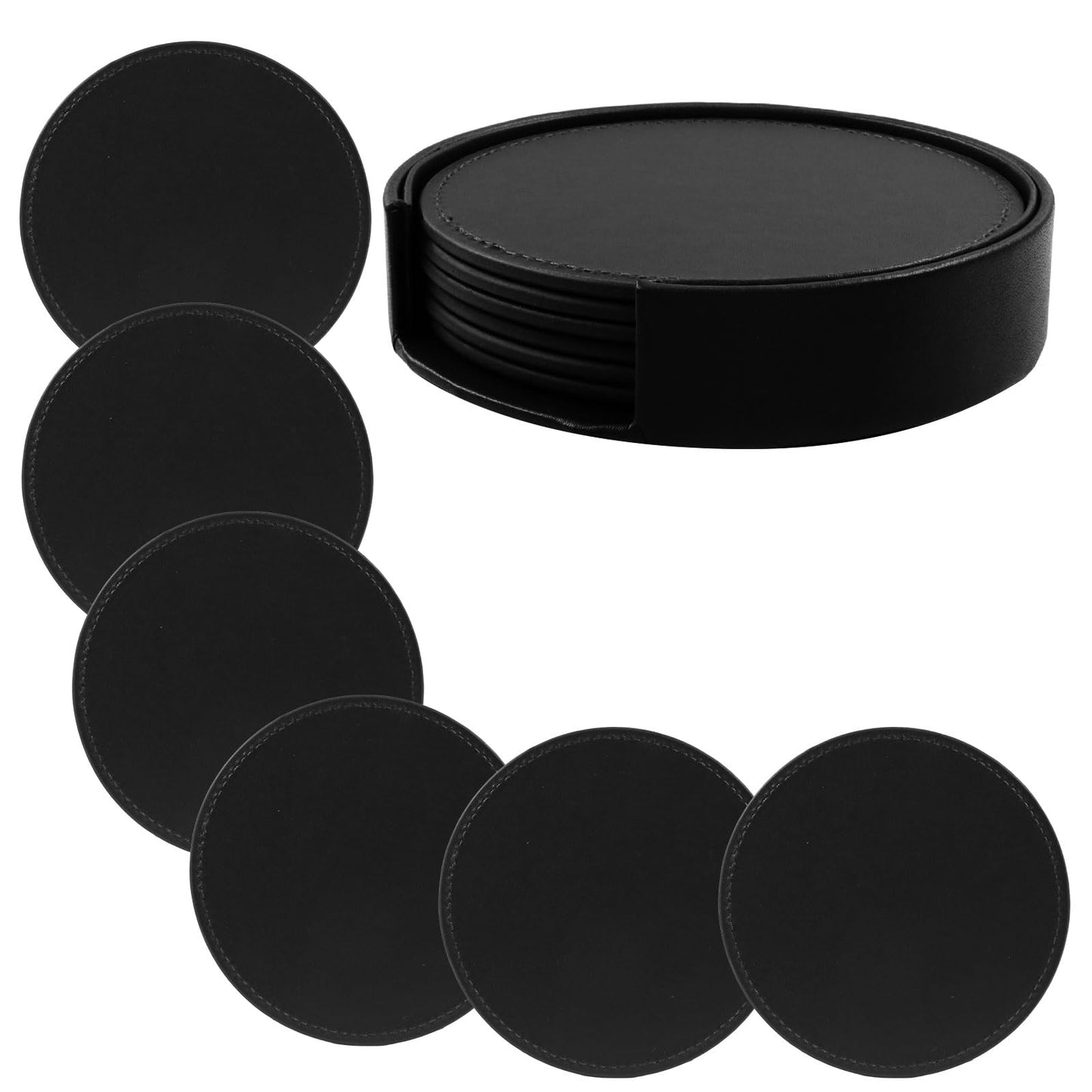 Rierdge Leather Coasters for Drinks Set of 6 with Holder, 4" Handmade PU Drink Coasters for Table Protection (Black)