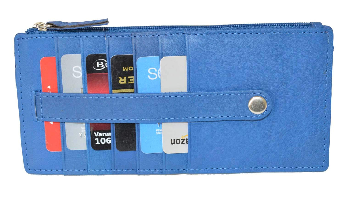 Leatherboss Genuine Leather Women's All in One Credit Business Card Case Holder Slim Zipper Wallet With a Card Protection Strap, Royal Blue