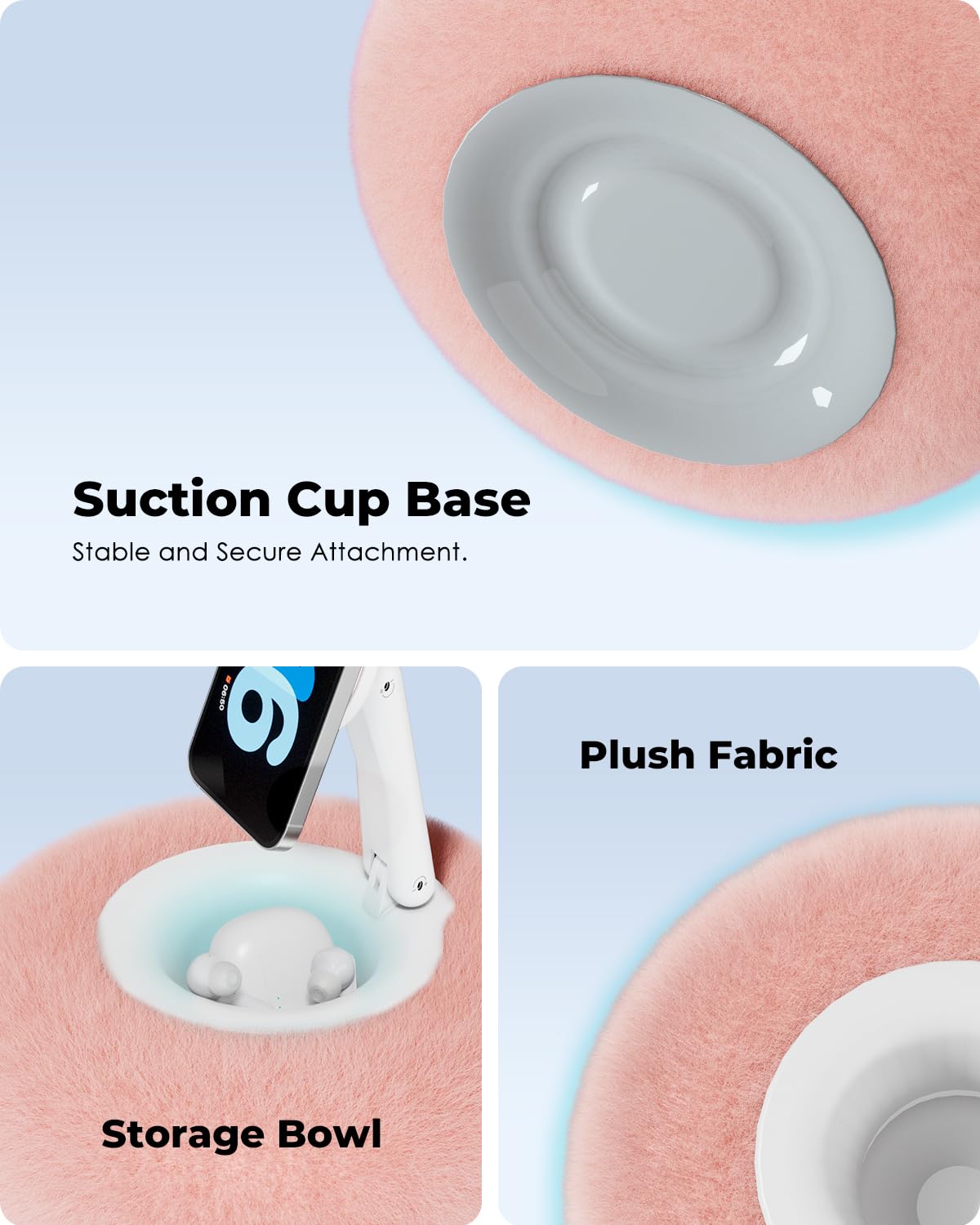 Viozon Phone Holder for Bed, Magnetic Pillow Stand, Compatible with 4-7" Phone/Kindle with Small Storage, Removable Suction Base for Stability, Idea for Kindle Reading and Video Watching On Bed,Pink