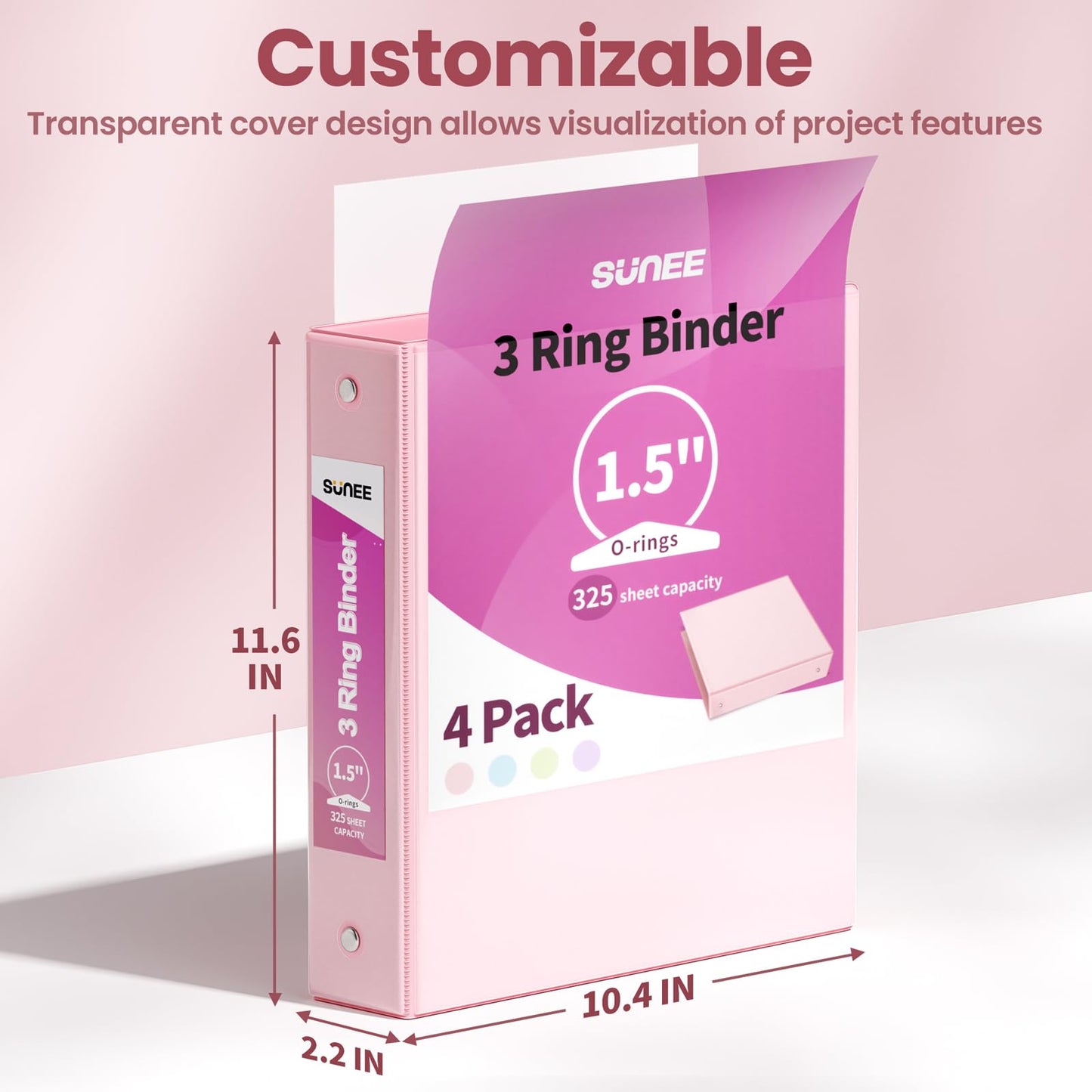 SUNEE 1.5 Inch Binders 3 Ring 4 Pack, Clear View 1 1/2 Inch Binders Three Ring PVC-Free (Fit 8.5x11 Inches) for School or Office Supplies, Assorted Pastel