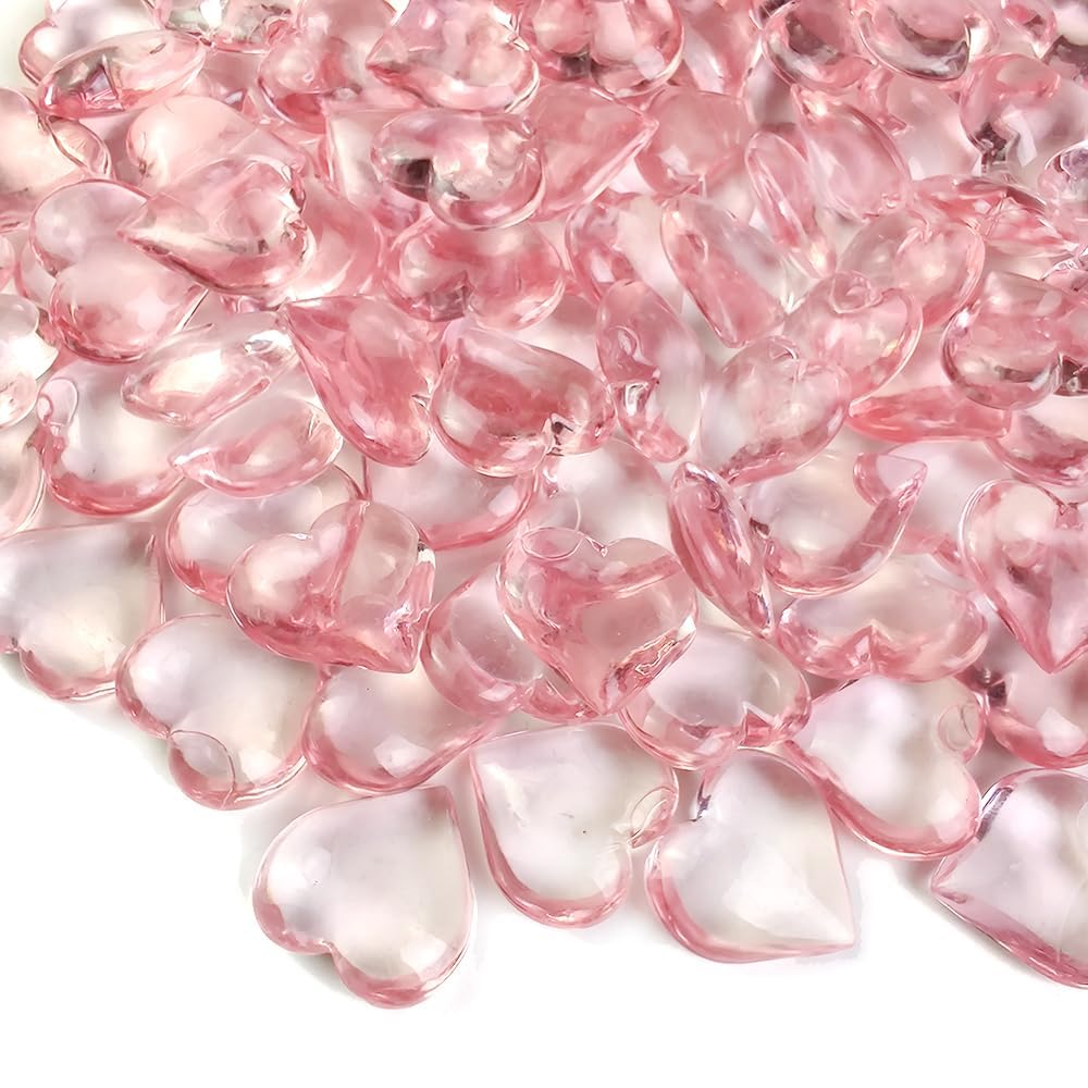 150 Pcs Pink Acrylic Heart Shaped Crystals, 0.9 Inch Heart Crystal Rhinestones, Diamond Fake Gems for Vase Fillers,Table Scatters,Wedding Centerpieces,Birthday,Bridal Shower