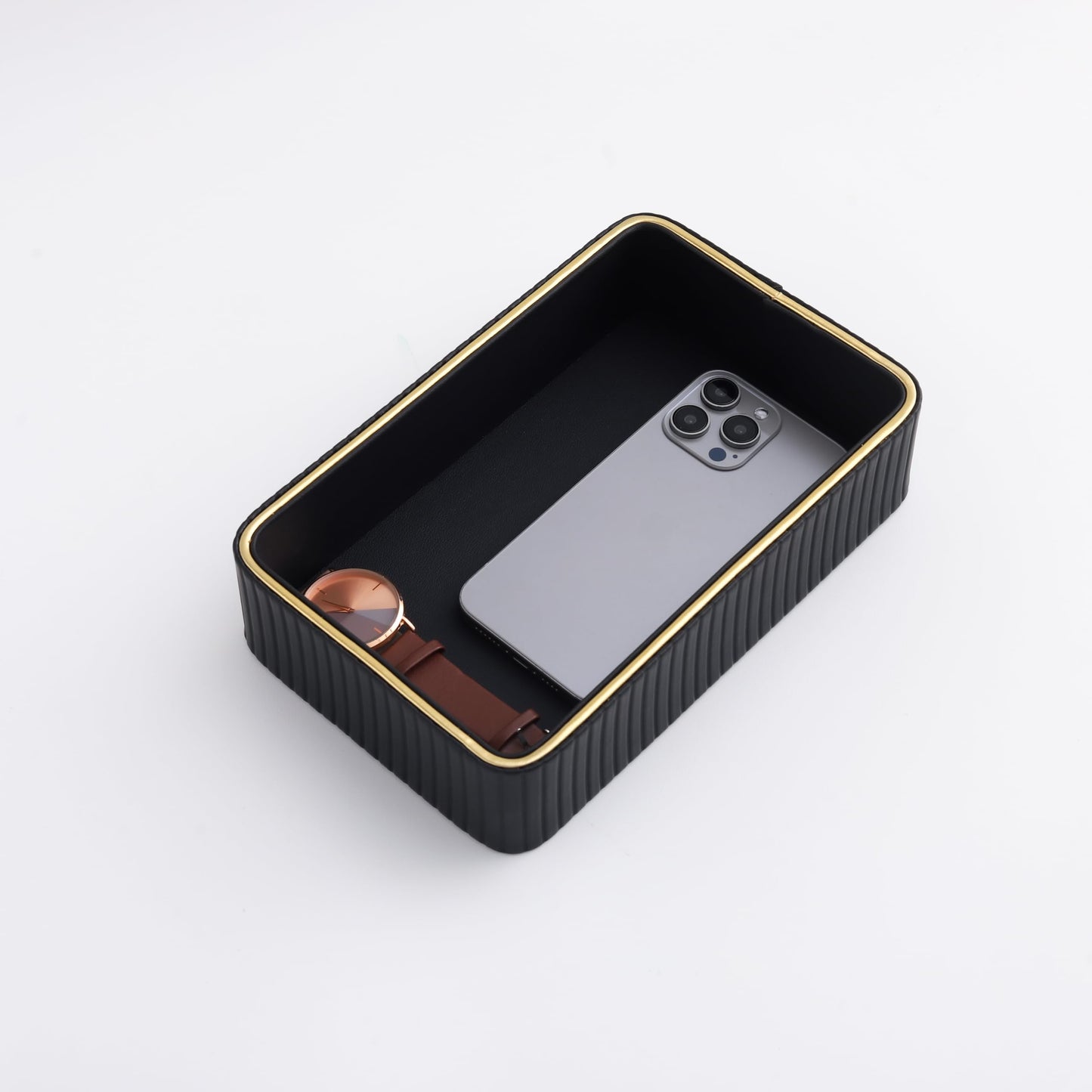 CASA MOCA Valet Tray, Small Leather Tray, Wallet Tray, Vanity Tray, Catch All Tray, Nightstand Tray Organizer, Bedside Organizer Tray, Office Desk Organizer (Black Onyx) for Men and Women.