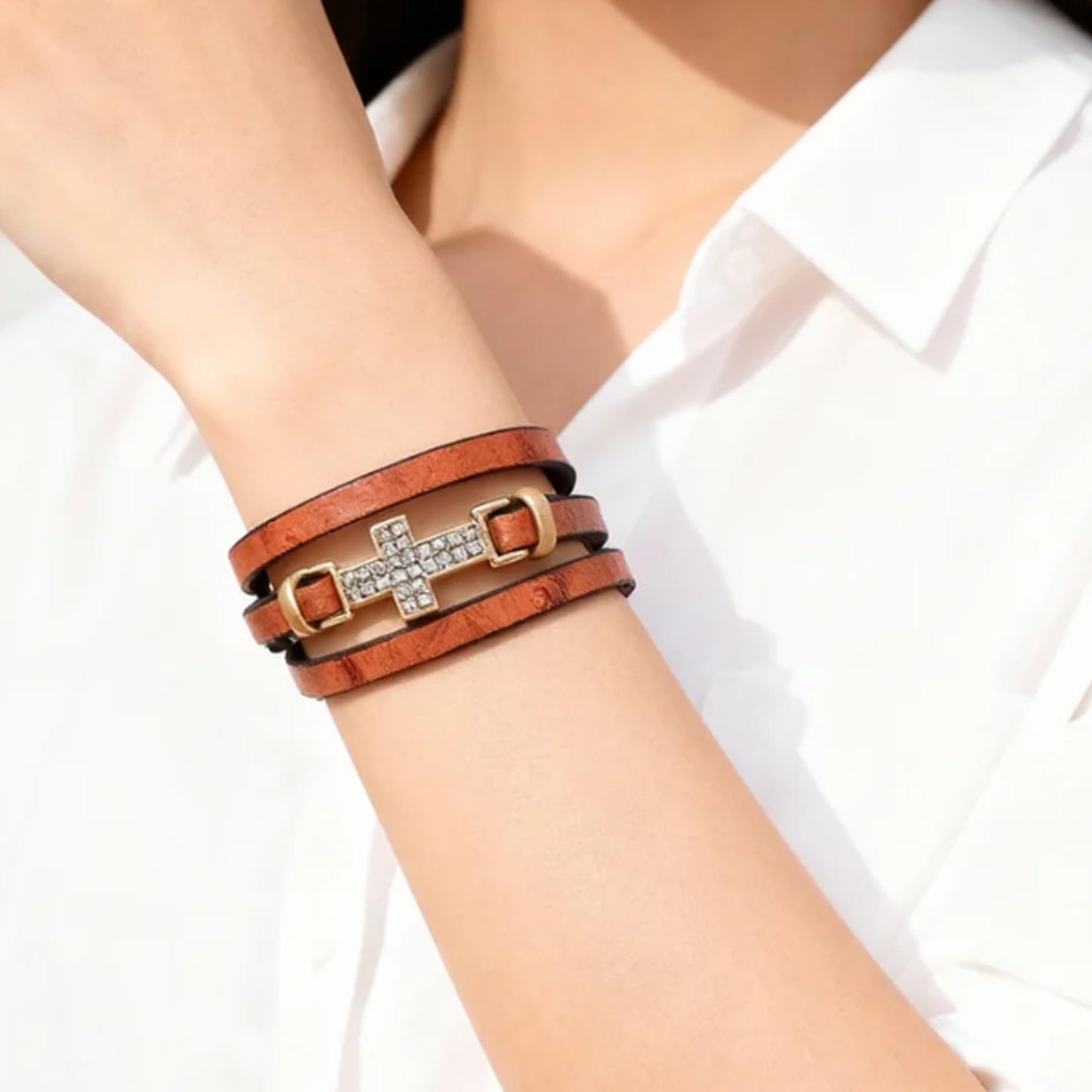 Cross Leather Bracelets Wrap Bracelets for Women Layered Leather Bracelets Bangle Cuff Jewelry for Lady (Reddish brown)