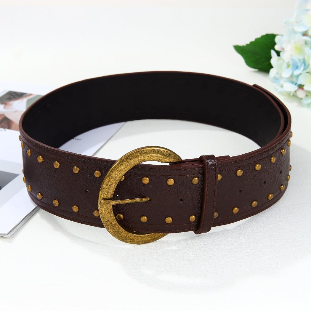 Beautriy Wide Studded Leather Belts Chunky Vintage Belt Fashion Thick Belt Accessories for Women (Coffee)