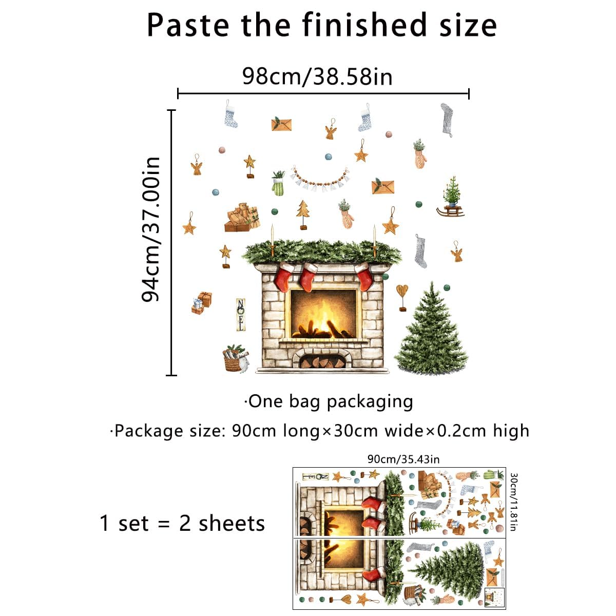 38.58 X 37 Inch Christmas Tree Wall Decals Christmas Fireplace Christmas Stocking Wall Stickers Removable Christmas Window Decal Sticker Decor for Christmas Holiday Living Room Bedroom Decorations