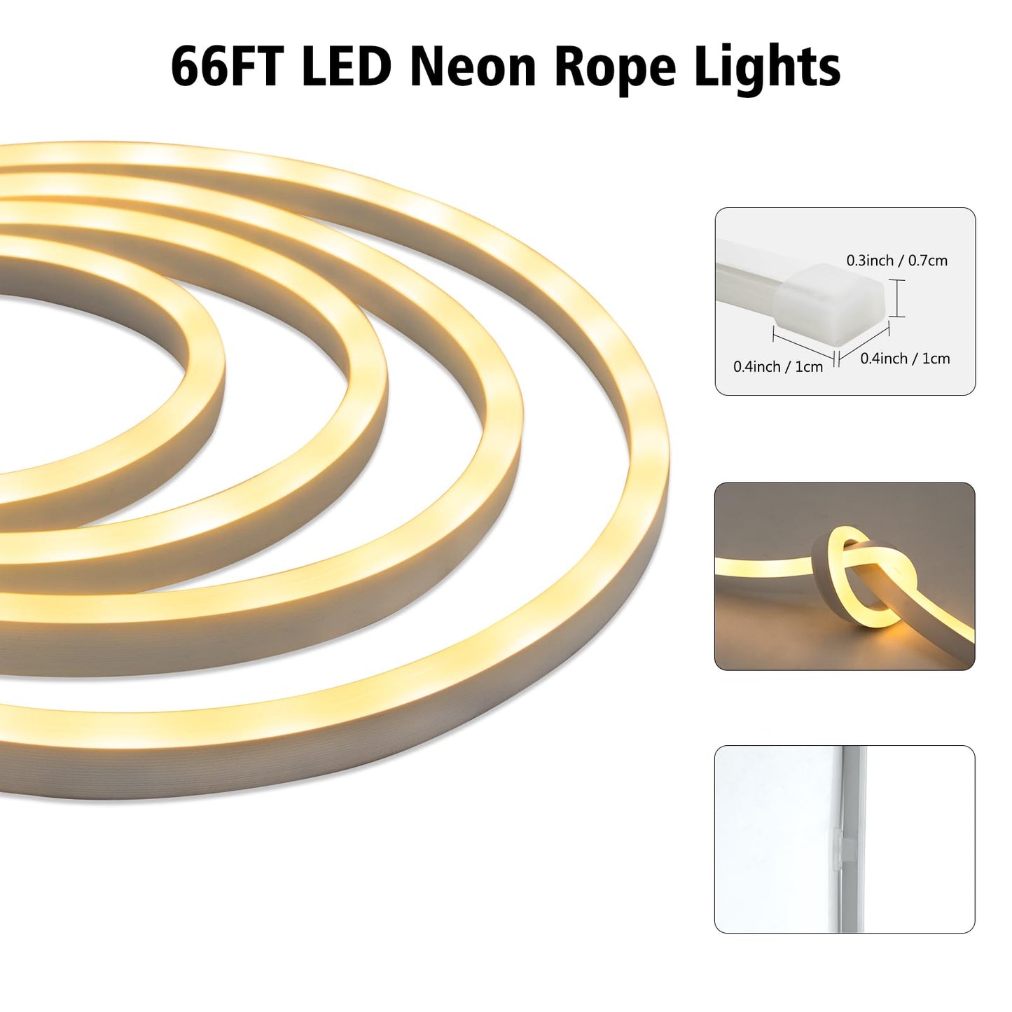 DBFAIRY 66Ft LED Neon Rope Lights, 24V Dimmable 2400LEDs Strip Neon Light, 2700K Flexible Silicone Rope Lights Super Bright IP67 Waterproof with Timer Function for Indoor Outdoor Decor(Warm White)
