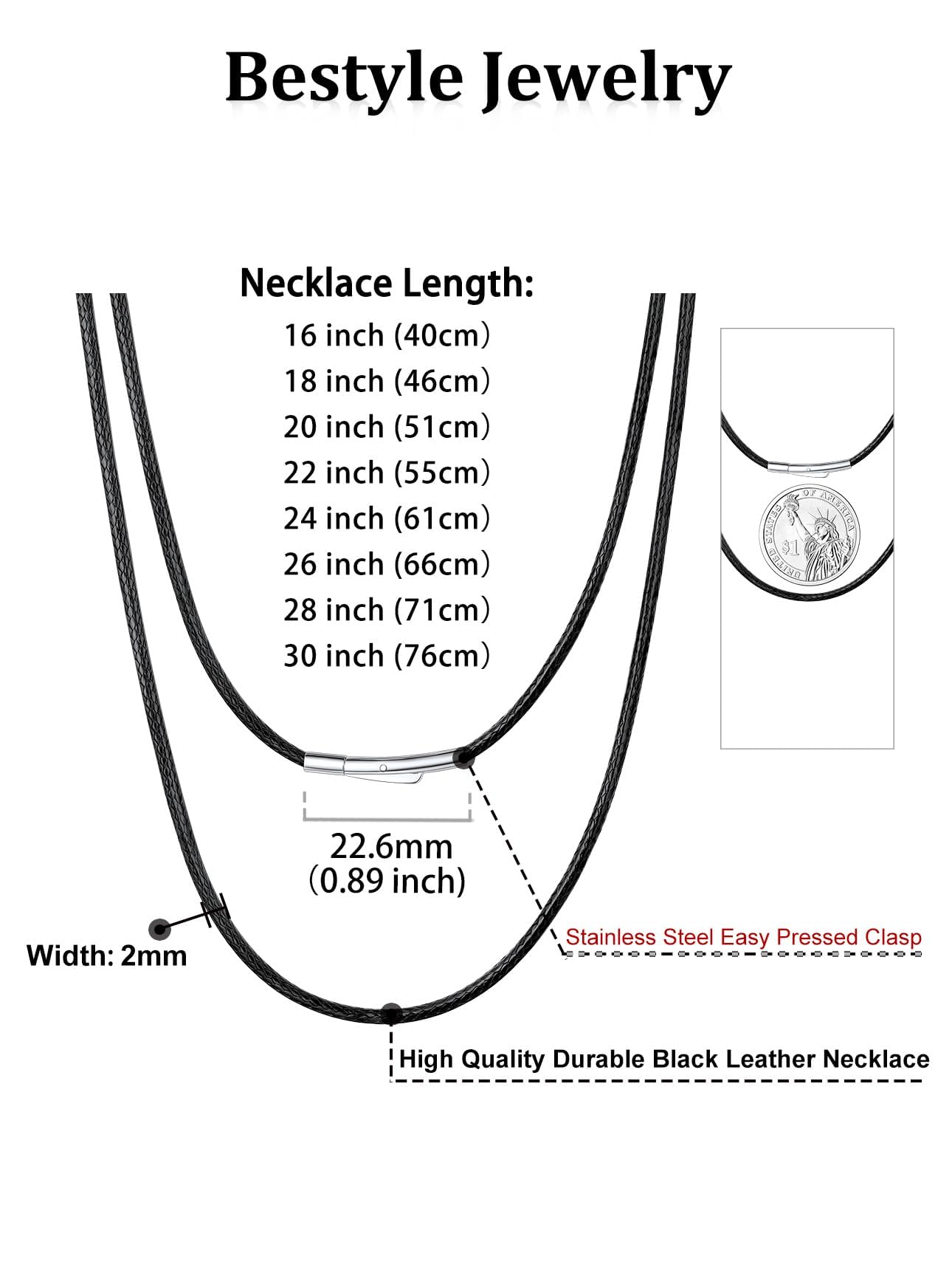 Bestyle 3MM Black Leather Necklace for Men Women,Waterproof Wax Woven Rope Chain with Stainless Steel Clasp, Leather Cord Necklace for Pendants 30"