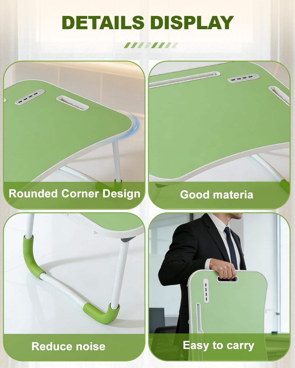 Foldable Laptop Bed Desk with Cup Holder and Fan Slot, Portable Lap Table for Work and Study, 23x15.5x9.65 Inches (Green)