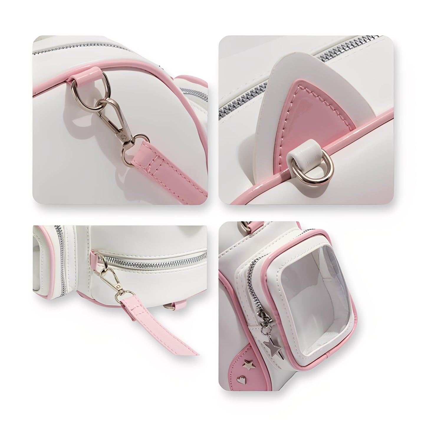 SUSTRALO Pink Cat Ita Bag Backpack with Insert, Kawaii Heart Clear Window Pin Display Backpack, Convertible PU Leather Ita Shoulder Crossbody Bag for Anime Collection