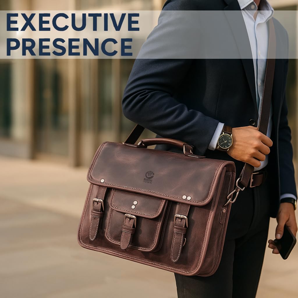 RUSTIC TOWN Leather Messenger Bag for Men - Full Grain Leather Briefcase Laptop Satchel Office Crossbody Travel Bag (16 Inch, Mulberry)