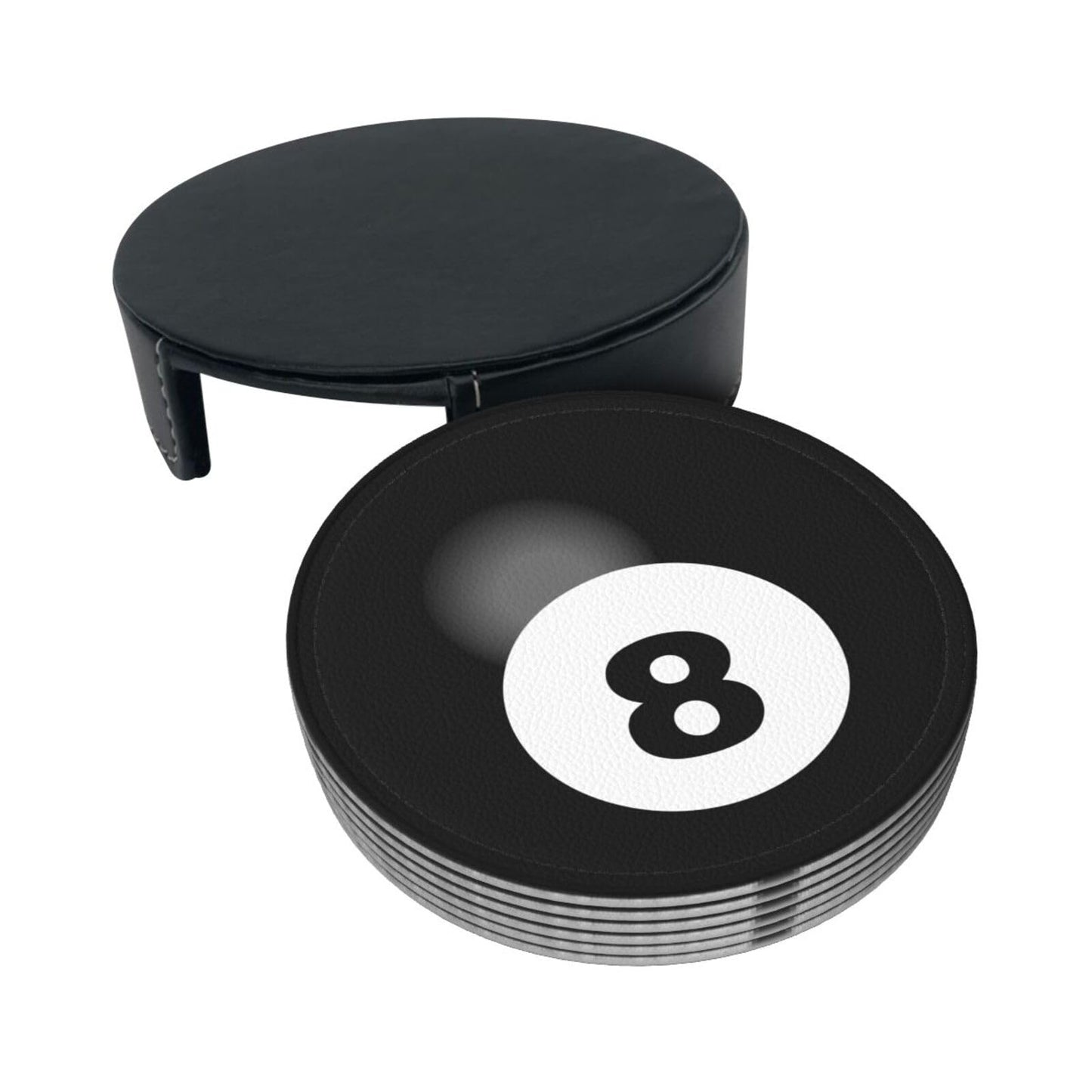 BOXIMIAO Drink Coasters with Holder Stand Set of 6, Billiard Ball Black 8 Pu Leather Absorbent Coasters with Cork Base Table Coaster Round Coasters for Housewarming Apartment Kitchen Bar Decor