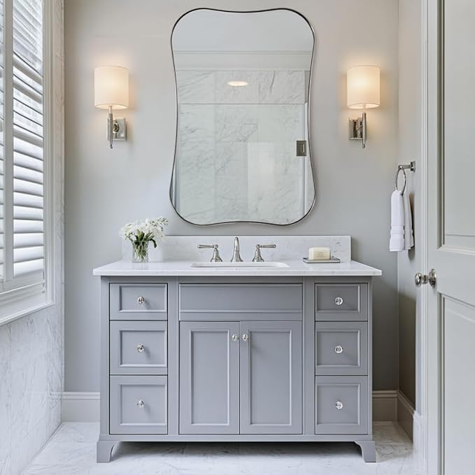 ANDY STAR 24x36 Inch Brushed Nickel Bathroom Mirror, Modern Scalloped Wall Mirror with Unique Notched Edges Design in1 Inch Stainless Steel Frame Wall Mounted Horizontal/Vertical for Home Decor