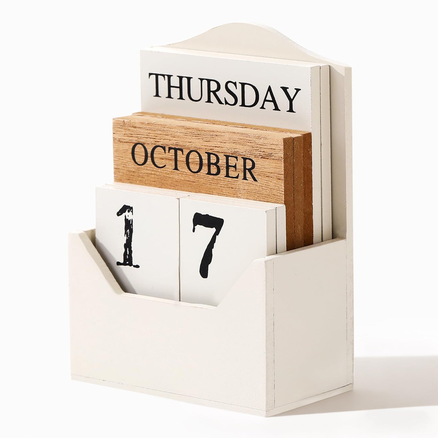 Perpetual Calendar Wooden Blocks Calendar for Home Office Desk Date Week Month Accessories (Vintage White Calendar)